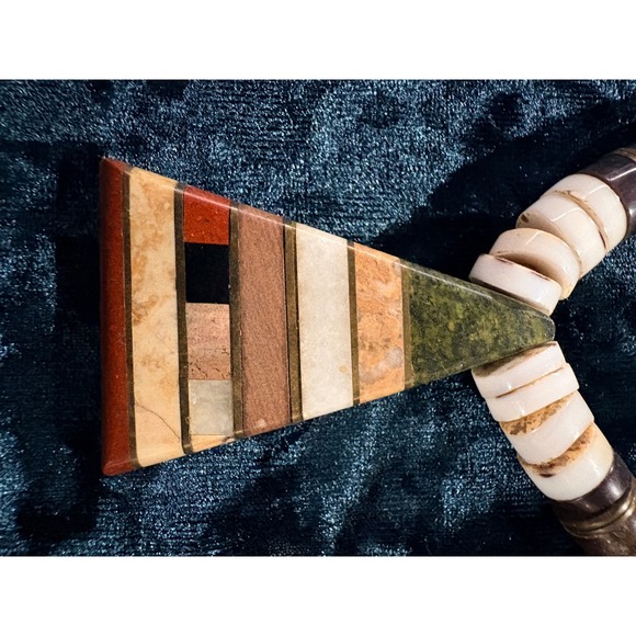 Boho Inlaid Stone Triangle Pendant Necklace Natural Wood Bone Beads - Picture 9 of 10